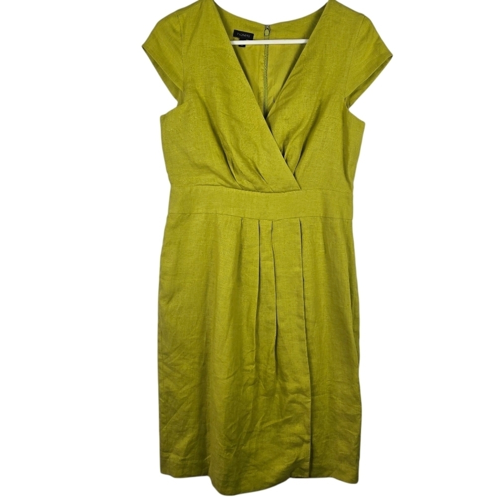 Talbots Womens Chartreuse Cap Sleeve Suplice Faux Wrap 100% Linen Dress Size 6
